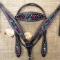 HILASON WESTERN LEATHER HORSE HEADSTALL BREAST COLLAR BLACK W/ PEACE SIGN
