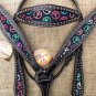 HILASON WESTERN LEATHER HORSE HEADSTALL BREAST COLLAR BLACK W/ PEACE SIGN