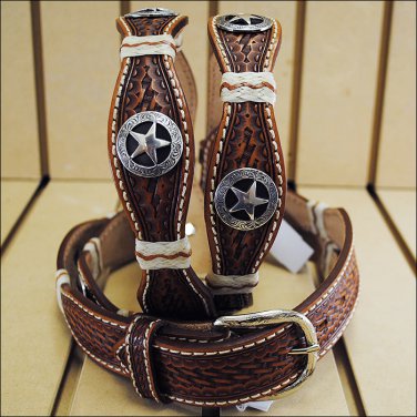 40in. JUSTIN IRON SCALLOP TOOLED WESTERN LEATHER MANS BELT BROWN WITH CONCHO