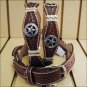 40in. JUSTIN IRON SCALLOP TOOLED WESTERN LEATHER MANS BELT BROWN WITH CONCHO