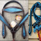HILASON WESTERN LEATHER HORSE HEADSTALL BREAST COLLAR REINS METALLIC TURQUOISE
