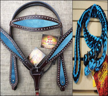 HILASON WESTERN LEATHER HORSE HEADSTALL BREAST COLLAR REINS METALLIC TURQUOISE