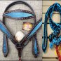 HILASON WESTERN LEATHER HORSE HEADSTALL BREAST COLLAR REINS METALLIC TURQUOISE