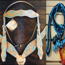 HILASON WESTERN LEATHER HORSE HEADSTALL BRIDLE BREAST COLLAR REINS TURQUOISE TAN