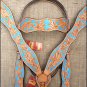 HILASON WESTERN LEATHER HORSE HEADSTALL BRIDLE BREAST COLLAR REINS TURQUOISE TAN