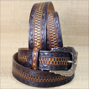 32" BROWN SILVER CREEK MIDNIGHT RIVER MEN & WOMEN EMBOSSED LEATHER BELT