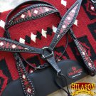 HILASON WESTERN LEATHER HEADSTALL BREAST COLLAR SADDLE PAD BLANKET BLACK RED