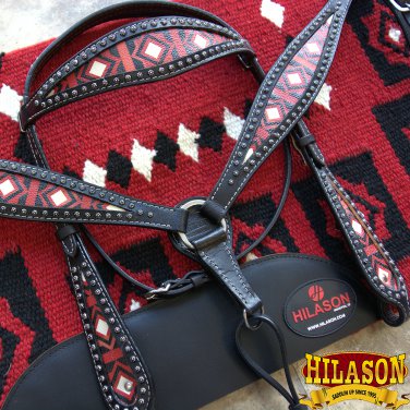 HILASON WESTERN LEATHER HEADSTALL BREAST COLLAR SADDLE PAD BLANKET BLACK RED