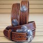 46in. JUSTIN ROUND EM UP TOOLED WESTERN LEATHER BELT BROWN MADE IN THE USA