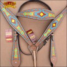 HILASON WESTERN LEATHER HORSE HEADSTALL BREAST COLLAR TAN W/ AZTEC HAND PAINT