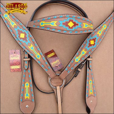 HILASON WESTERN LEATHER HORSE HEADSTALL BREAST COLLAR TAN W/ AZTEC HAND PAINT