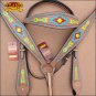 HILASON WESTERN LEATHER HORSE HEADSTALL BREAST COLLAR TAN W/ AZTEC HAND PAINT
