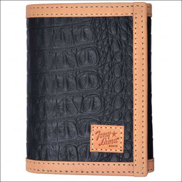 TONY LAMA BLACK LEATHER TRIM WESTERN TRIFOLD MENS WALLET NATURAL GATOR PRINT