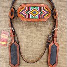 HILASON WESTERN LEATHER HORSE BRIDLE HEADSTALL TAN W/ BEADED INLAY
