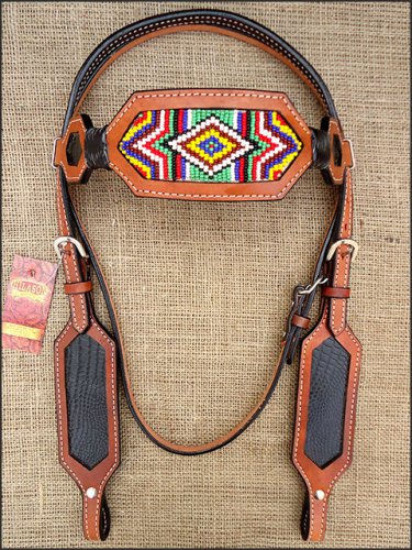 HILASON WESTERN LEATHER HORSE BRIDLE HEADSTALL TAN W/ BEADED INLAY