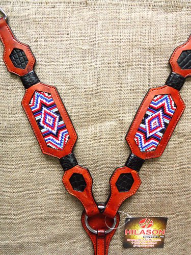 HILASON WESTERN LEATHER HORSE BREAST COLLAR MAHOGANY W/ BEADED INLAY
