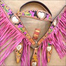 WESTERN LEATHER HORSE BRIDLE HEADSTALL BREAST COLLAR HEART HAND PAINT W/ FRINGES