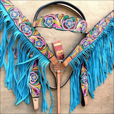 HILASON WESTERN LEATHER HORSE BRIDLE HEADSTALL BREAST COLLAR HAND PAINT FRINGES