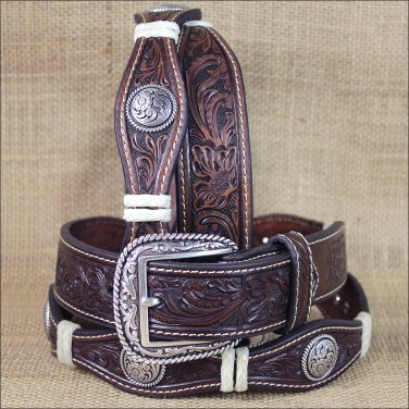 44 INCH WESTERN ARIAT LEATHER MENS BELT WITH SCALLOP FLORAL CONCHOS BROWN