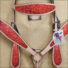 HILASON WESTERN LEATHER HORSE HEADSTALL BREAST COLLAR TAN W/ RED GLITTER INLAY