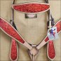 HILASON WESTERN LEATHER HORSE HEADSTALL BREAST COLLAR TAN W/ RED GLITTER INLAY