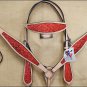 HILASON WESTERN LEATHER HORSE HEADSTALL BREAST COLLAR TAN W/ RED GLITTER INLAY