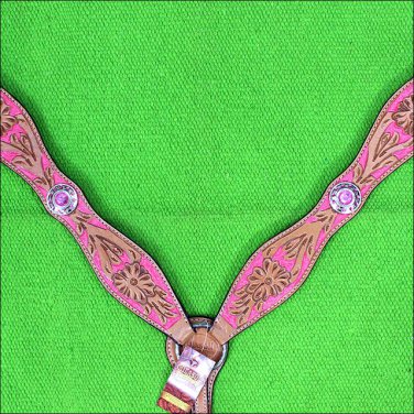HILASON WESTERN LEATHER HORSE BREAST COLLAR PINK HAND PAINT W/ CONCHO