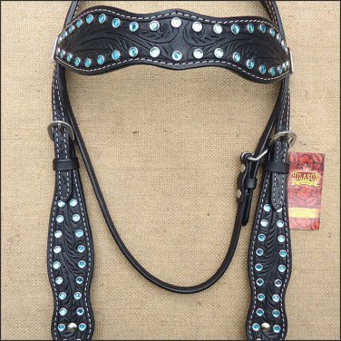 V1 HILASON WESTERN LEATHER BRIDLE HEADSTALL BLACK TURQUOISE CRYSTAL HAND CARVED