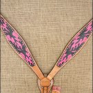 S582 HILASON WESTERN LEATHER HORSE BREAST COLLAR HAND PAINT FLAME BLACK PINK
