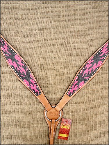 S582 HILASON WESTERN LEATHER HORSE BREAST COLLAR HAND PAINT FLAME BLACK PINK