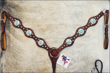 NEW HILASON WESTERN LEATHER HORSE BREAST DARK BROWN COLLAR W/ BLUE FLORAL CONCHO