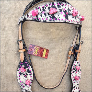 HILASON WESTERN LEATHER HORSE HEADSTALL BRIDLE COWHIDE w/ PINK STONE