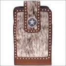 3D BROWN LARGE LEATHER SMARTPHONE HOLDER W/ HAIR ON INLAY ELASTIC STAR CONCHO