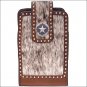 3D BROWN LARGE LEATHER SMARTPHONE HOLDER W/ HAIR ON INLAY ELASTIC STAR CONCHO