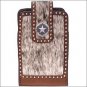 3D BROWN LARGE LEATHER SMARTPHONE HOLDER W/ HAIR ON INLAY ELASTIC STAR CONCHO