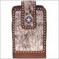 3D BROWN LARGE LEATHER SMARTPHONE HOLDER W/ HAIR ON INLAY ELASTIC STAR CONCHO