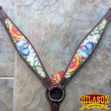 HILASON WESTERN LEATHER HORSE BREAST COLLAR DARK BROWN FLORAL PAINTED