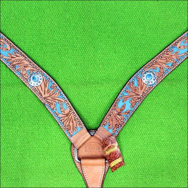 HILASON WESTERN LEATHER HORSE BREAST COLLAR TAN TURQUOISE BLING CONCHO