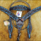 F- HILASON WESTERN LEATHER HORSE BRIDLE HEADSTALL BREAST COLLAR BROWN TURQUOISE