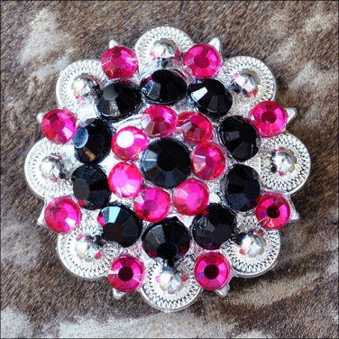 SET OF 4 BLACK HOT PINK CRYSTAL 1-1/4in BERRY CONCHO RHINESTONE SADDLE COWGIRL