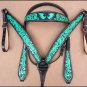 HILASON WESTERN LEATHER HORSE BRIDLE HEADSTALL BREAST COLLAR CROSS FEATHER GREEN