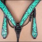HILASON WESTERN LEATHER HORSE BRIDLE HEADSTALL BREAST COLLAR CROSS FEATHER GREEN