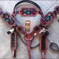 HILASON WESTERN LEATHER HORSE HEADSTALL BREAST COLLAR MAHOGANY W/ PEACE SIGN INL