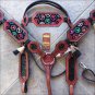 HILASON WESTERN LEATHER HORSE HEADSTALL BREAST COLLAR MAHOGANY W/ PEACE SIGN INL