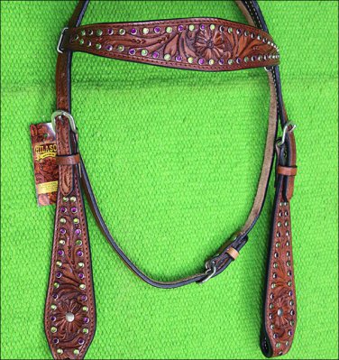 HILASON WESTERN LEATHER HORSE HEADSTALL BRIDLE MAHOGANY PURPLE GREEN CRYSTAL