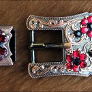 SET OF 2 BLACK SIAM CRYSTALS FLORAL COPPER FINISH BUCKLE SET BELT HEADSTALL