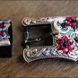 SET OF 2 BLACK SIAM CRYSTALS FLORAL COPPER FINISH BUCKLE SET BELT HEADSTALL