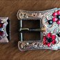 SET OF 2 BLACK SIAM CRYSTALS FLORAL COPPER FINISH BUCKLE SET BELT HEADSTALL