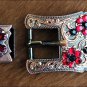 SET OF 2 BLACK SIAM CRYSTALS FLORAL COPPER FINISH BUCKLE SET BELT HEADSTALL