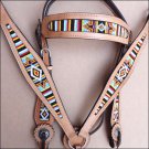 HILASON WESTERN LEATHER BRIDLE HEADSTALL BREAST COLLAR TAN W/ BEADED INLAY